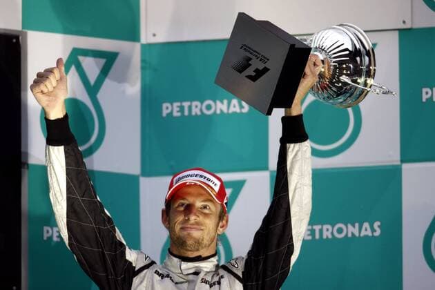 Jenson Button (England Brawn GP) freut sich über den 3. Platz beim GP von China 2009 Motorsport Grand Prix Herren Großer Preis von China 2009, Formel 1 Weltmeisterschaft, F1, F, GP, WM Einzelbild Shanghai Freude,