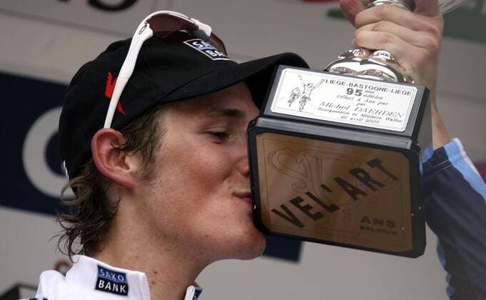 Andy Schleck (Luxemburg Saxo Bank) gewinnt Lüttich Bastogne Lüttich 2009 Radsport Herren Lüttich Bastogne Lüttich 2009, Straßenradsport, Straße, Rad Einzelbild Liege Freude,