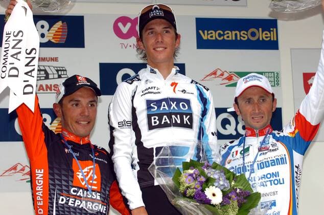 Siegerehrung Lüttich Bastogne Lüttich 2009, v.li.: Joaquin Rodriguez Oliver (Spanien Caisse d Epargne), Sieger Andy Schleck (Luxemburg Saxo Bank) und Davide Rebellin (Italien Diquigiovanni Androni) -  Radsport Herren Lüttich Bastogne Lüttich 2009, Straßenradsport, Straße, Rad Gruppe Liege Freude,