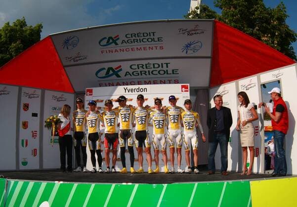 Team Columbia High Road gewinnt das Mannschaftszeitfahren der Tour de Romandie 2009 Radsport Herren Tour de Romandie 2009, ProTour, Straßenradsport, Straße, Rad, Zeitfahren, Mannschaftszeitfahren Totale 3. Etappe: Yverdon 