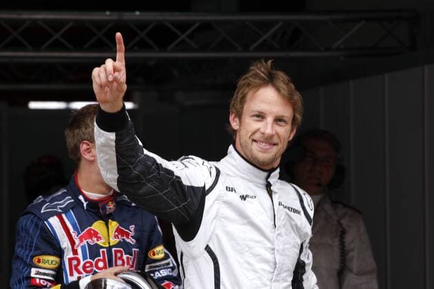 Jenson Button (England Brawn GP) - Pole Position beim GP von Spanien 2009 Motorsport Grand Prix Herren Großer Preis von Spanien 2009, Formel 1 Weltmeisterschaft, F1, F, GP, WM, Qualifying Einzelbild Circuit de Catalunya Barcelona Freude,