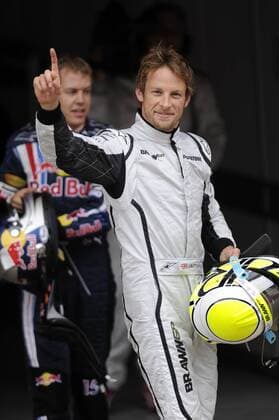 Qualifying zum GP von Spanien 2009: Jenson Button (England Brawn GP, vorn) holt sich die Pole Position vor Sebastian Vettel (Deutschland Red Bull) Motorsport Grand Prix Herren Großer Preis von Spanien 2009, Formel 1 Weltmeisterschaft, F1, F, GP, WM, Qualifying Gruppe Circuit de Catalunya Barcelona Freude,