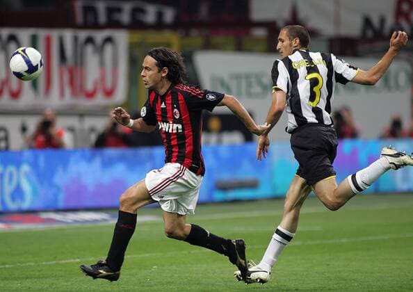 Filippo Inzaghi (AC Mailand, li.) gegen Giorgio Chiellini (Juventus Turin) - Fußball Herren Serie A 2008 2009, 1. Italienische Liga, Milan - Juve 1:1 Gruppe Mailand Dynamik,