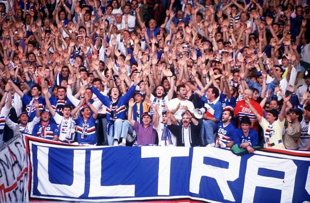 Sampdoria Genua Fans jubeln -  Fußball EC 1 Herren Europapokal der Landesmeister 1991 1992, Finale, Totale London Freude,