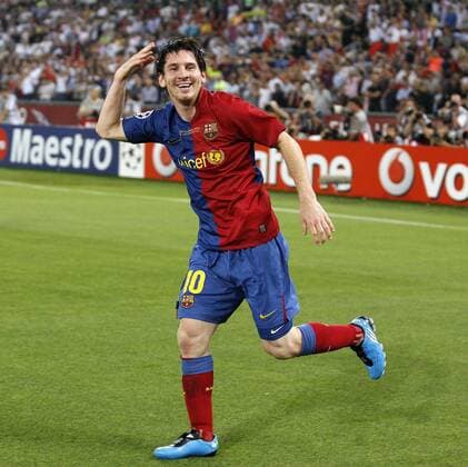 Lionel Messi (FC Barcelona) - Torjubel - EDITORIAL USE ONLY. No use with unauthorised audio, video, data, fixture lists, club league logos or live services. Online in-match use limited to 120 images, no video emulation. No use in betting, games or single club league player publications. Fußball EC 1 Herren Champions League Finale 2008 2009, Barca Einzelbild Rom Freude,