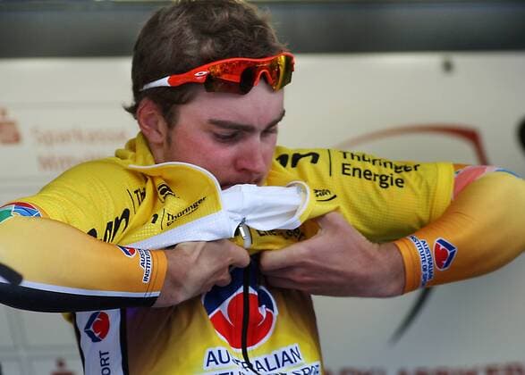 Leigh Howard (Australien Team AIS) nach der 1. Etappe der Thüringen Rundfahrt 2009 im gelben Trikot Radsport Herren Thüringen Rundfahrt 2009, Thüringenrundfahrt, Rund um die Hainleite, Straßenradsport, Straße, Rad Einzelbild 1. Etappe: Rund um die Hainleite