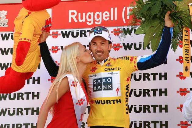 Fabian Cancellara (Schweiz Saxo Bank) gewinnt das Einzelzeitfahren bei der Tour de Suisse 2009 Radsport Herren Tour de Suisse 2009, Straßenradsport, Straße, Rad, ProTour Gruppe 1. Etappe: Mauren - Ruggell Freude, 