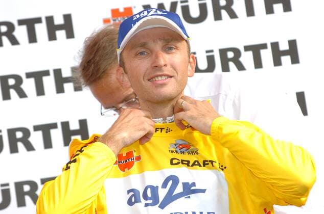 Tadej Valjavec (Slowenien Ag2R) nach der 4. Etappe der Tour de Suisse 2009 im gelben Trikot -  Radsport Herren Tour de Suisse 2009, Straßenradsport, Straße, Rad, ProTour, Vdig Einzelbild 4. Etappe: Biasca - Stäfa