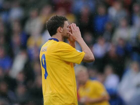 Marcus Berg (Schweden U21) enttäuscht Fußball Länderspiel Herren U 21 EM 2009, U21, Nationalteam, Nationaltrikot, Vdig Einzelbild Helsingborg Enttäuschung,