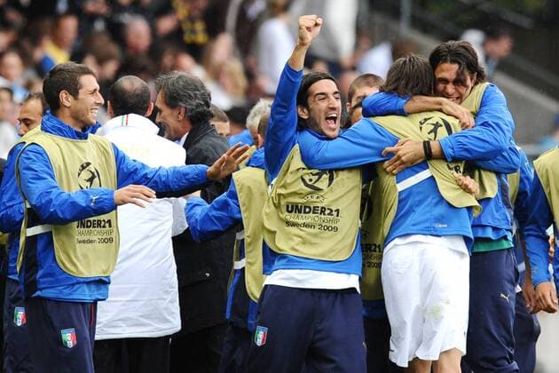 Schlussjubel Italien U21 -  Fußball EM Herren U21 EM 2009, U 21, Länderspiel, Nationalteam, Gruppe Helsingborg Freude,
