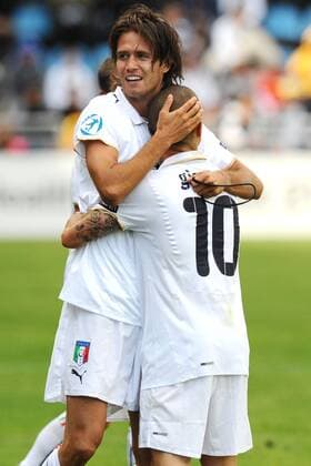 Robert Acquafresca (Italien U21, li.) - Torjubel -  Fußball EM Herren U21 EM 2009, U 21, Länderspiel, Nationalteam, Nationaltrikot, Gruppe Helsingborg Freude,
