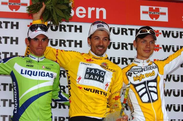 Fabian Cancellara (Schweiz Saxo Bank, Mitte), Gesamtsieger der Tour de Suisse 2009, vor Tony Martin (Deutschland Columbia High Road, re.) und Roman Kreuziger (Tschechien Liquigas) -  Radsport Herren Tour de Suisse 2009, ProTour, Straßenradsport, Straße, Rad, Zeitfahren, Einzelzeitfahren Gruppe 9. Etappe : Bern Freude,