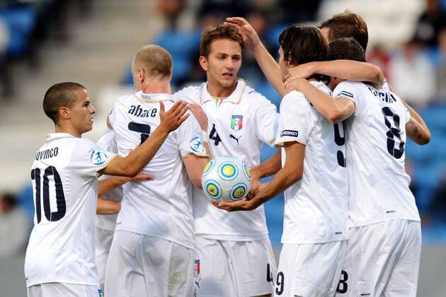 Torjubel Italien U21 -  Fußball Länderspiel Herren U 21 EM, 2009, Nationalteam, Nationaltrikot, Gruppe Helsingborg Freude,