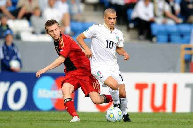 Sebastian Giovinco (Italien U21, re.) gegen Marko Marin (Deutschland U21) -  Fußball Länderspiel Herren U21 EM 2009, U 21, Nationalteam, Nationaltrikot, Halbfinale, Deutschland U21 - Italien U21 Gruppe Helsingborg Dynamik,