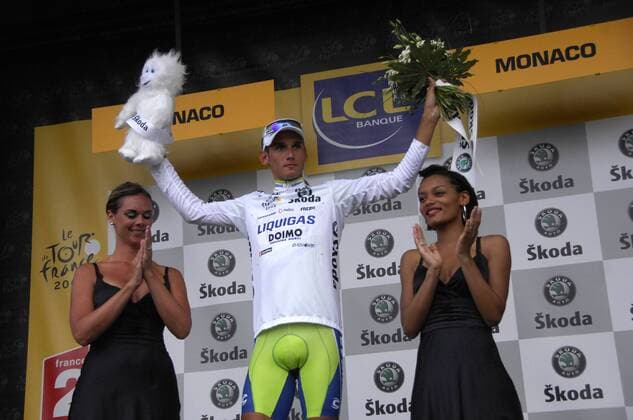 Roman Kreuziger (Tschechien Liquigas) übernimmt die Führung in der Wertung bester Jungprofi bei der Tour de France 2009 -  Radsport Herren Tour de France 2009, Prolog, Zeitfahren, Einzelzeitfahren, Straßenradsport, Straße, Rad Gruppe o0 1. Etappe Monaco Freude,