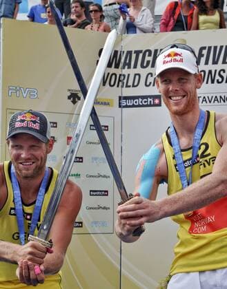 Jonas Reckermann (re.) und Julius Brink (beide Deutschland) sind Weltmeister 2009 -  Beachvolleyball WM Herren Beach WM 2009, Finale Gruppe Stavanger Begeisterung, Freude,