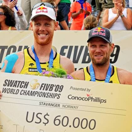 Jonas Reckermann (li.) und Julius Brink (beide Deutschland) sind Weltmeister 2009 -  Beachvolleyball WM Herren Beach WM 2009, Finale Gruppe Stavanger Begeisterung, Freude,