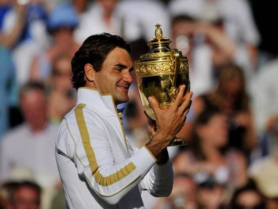Roger Federer (Schweiz) gewinnt Wimbledon 2009 Tennis Herren All England Championships 2009, Grand Slam, ATP Tour, Finale Einzelbild Wimbledon London Begeisterung, Freude,