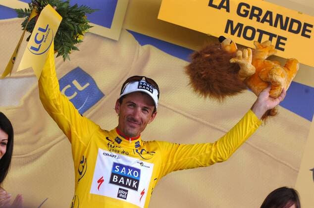 Fabian Cancellara (Schweiz Saxo Bank) im gelben Trikot nach der 3. Etappe der Tour de France 2009 -  Radsport Herren Tour de France 2009, Straßenradsport, Straße, Rad, premiumd Einzelbild 3. Etappe: Marseille - La Grande Motte Freude,