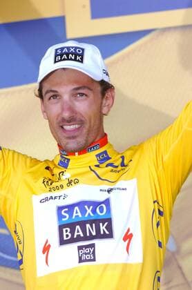 Fabian Cancellara (Schweiz Saxo Bank) nach der 4. Etappe der Tour de France 2009 im gelben Trikot -  Radsport Herren Tour de France 2009, Straßenradsport, Straße, Rad, Mannschaftszeitfahren, Zeitfahren, Vdig Porträt 4. Etappe: Montpellier - Montpellier Freude,