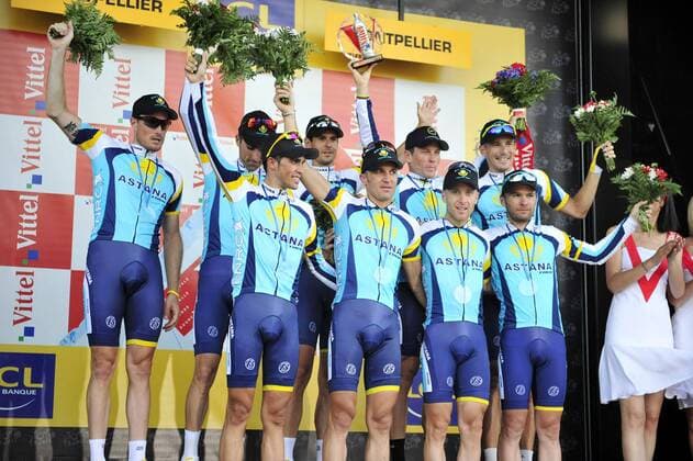 Team Astana gewinnt das Mannschaftszeitfahren der Tour de France 2009 -  Radsport Herren Tour de France 2009, Straßenradsport, Straße, Rad, Mannschaftszeitfahren, Zeitfahren Gruppe 4. Etappe: Montpellier Freude,
