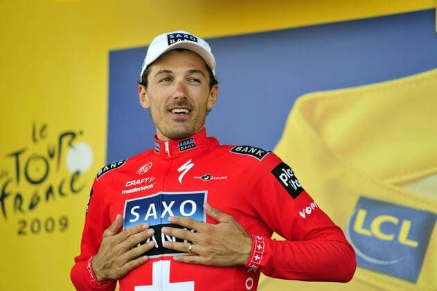 Fabian Cancellara (Schweiz Saxo Bank) während der Siegerehrung nach der 4. Etappe der Tour de France 2009 -  Radsport Herren Tour de France 2009, Straßenradsport, Straße, Rad, Mannschaftszeitfahren, Zeitfahren Einzelbild 4. Etappe: Montpellier