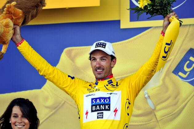 Fabian Cancellara (Schweiz Saxo Bank) nach der 4. Etappe der Tour de France 2009 im gelben Trikot -  Radsport Herren Tour de France 2009, Straßenradsport, Straße, Rad, Mannschaftszeitfahren, Zeitfahren Einzelbild 4. Etappe: Montpellier Freude,