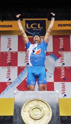Thomas Voeckler (Frankreich BBOX Bouygues Telecom) gewinnt die 5. Etappe der Tour de France 2009 -  Radsport Herren Tour de France 2009, Straßenradsport, Straße, Rad Einzelbild dAgde 5. Etappe: Le Cap d Agde - Perpignan Freude, Begeisterung,