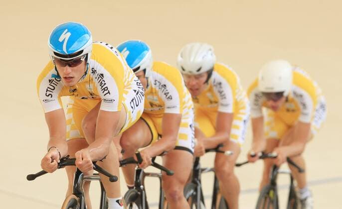 RSG Stuttgart LV Württemberg Team mit Leif Lampater, Ralf Matzke, Fabian Schaar und Jakob Steigmiller (alle Deutschland) Radsport LM Herren Deutsche Bahnradmeisterschaft 2009, Meisterschaft, DM, Rad, Bahnrad, Bahnradsport, Halle, Indoor Gruppe Erfurt