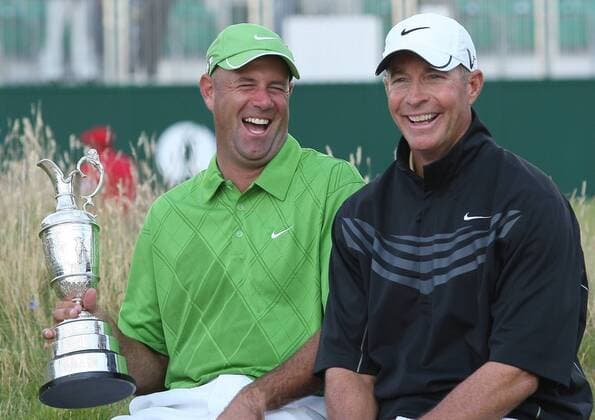 Stewart Cink (USA) neben seinem Caddie Frank Williams nach dem Sieg der British Open 2009 -  (LON2009071920) Golf Herren The British Open Championship 2009, PGA European Tour Gruppe Turnberry, Ayrshire Freude,