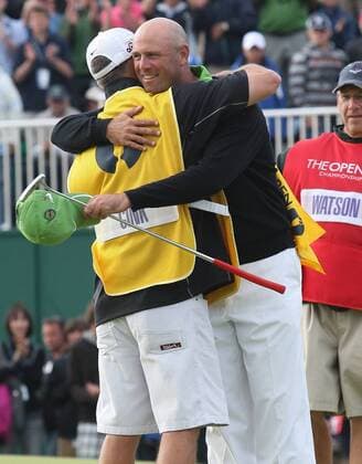 Stewart Cink (USA) - Schlussjubel mit seinem Caddie Frank Williams nach dem Sieg der British Open 2009 -  (LON2009071918) Golf Herren The British Open Championship 2009, PGA European Tour Gruppe Turnberry, Ayrshire Freude,