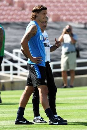 Zlatan Ibrahimovic (li.) und Trainer Jose Mourinho (beide Inter Mailand) -  Fußball Herren Serie A 2009 2010, 1. Liga, Trainingslager, Training, FC Internazionale Mailand Gruppe o0 Italien Pasadena