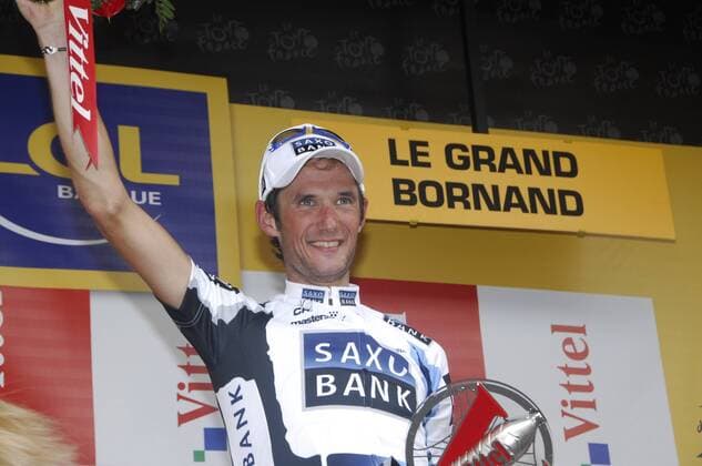 Fränk Schleck (Luxemburg Saxo Bank) gewinnt die 17. Etappe der Tour de France 2009 -  Radsport Herren Tour de France 2009, Straßenradsport, Straße, Rad Einzelbild 17. Etappe: Bourg Saint Maurice - Le Grand Bornand Freude,