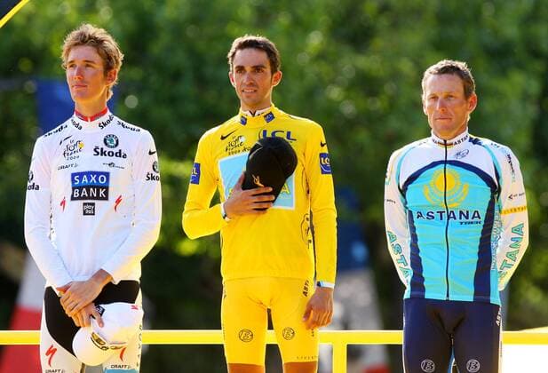 Andy Schleck ( LUX Saxobank ) Alberto Contador ( ESP) Astana ) Lance Armstrong ( USA Astana ) 