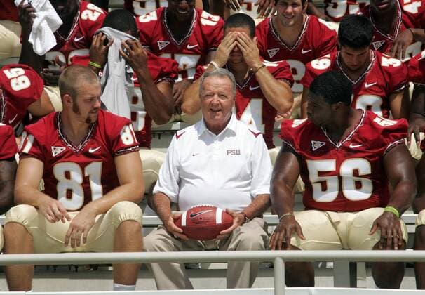 Tight end Caz Piurowski (81) and Kendrick Stewart (56) discuss the upcoming season as Head Coach Bobby Bowden - Florida State Seminoles in Tallahassee, Icon357090809110 o0 College League, EDITORIAL USE ONLY