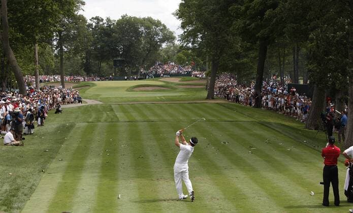 Y. E. Yang of South Korea tees off on the fourth hole during the final round of the 91st PGA Championship at Hazeltine National Golf Club in Chaska  BKX2009081629