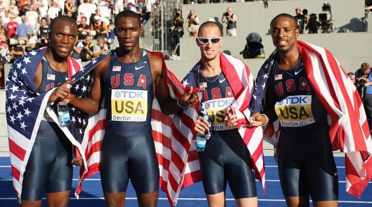 4x400m Staffel USA - Weltmeister 2009 v.li.: LaShawn Merritt, Kerron Clement, Jeremy Wariner und Angelo Taylor Leichtathletik WM Herren WM 2009, Nationaltrikot, 4x400m Staffel Gruppe Berlin