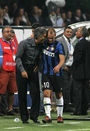 Trainer Jose Mourinho (li.) und Wesley Sneijder (beide Inter Mailand) - Fußball Herren Serie A 2009 2010, 1. Italienische Liga, FC Internazionale Mailand Gruppe Mailand