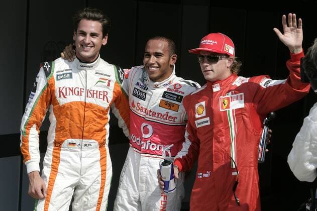 Adrian Sutil (GER, Force India, li.), Lewis Hamilton (GBR, McLaren Mercedes, Mitte) und Kimi Räikkönen (Finnland Ferrari) o0 Mc Laren, Freude, Jubel