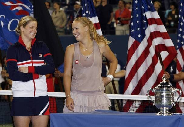 Kim Clijsters of Belgium and Caroline Wozniacki of Denmark laugh at the trophy ceremony after the Women s Final at the US Open Tennis Championships  NYP20090913128 o0 Flushing Meadows, NY, N.Y. Grand Slam, Finale