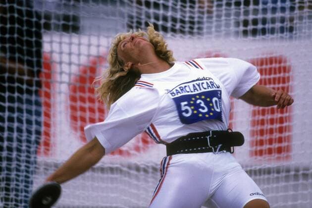 Mette Bergmann (Norwegen) Leichtathletik EM Damen Leichtathletik EM 1994, Nationaltrikot, Diskuswurf, Einzelbild Helsinki Anstrengung, Dynamik,