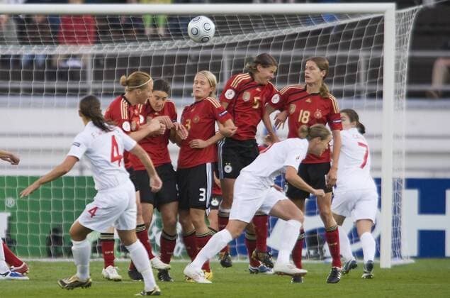 Freistoß fara williams li. (England) vorbei an der deutschen Mauer, mit v.re. Kerstin garefrekes, annike krahn, Saskia bartusiak, Birgit Prinz und Melanie behringer, freistossmauer, , England - Deutschland, Helsinki