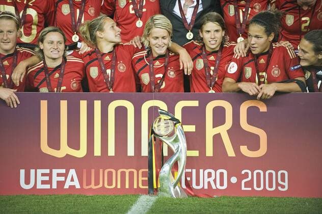 Europameister Deutschland: die Spielerinnen hinter einem Schild winners und dem Pokal, v.li. Melanie behringer, Martina Müller, babett Peter, Saskia bartusiak, annike krahn, Celia okoyino da mbabi und Torwart Nadine Angerer, England - Deutschland, Helsinki o0 Jubel, Freude Objekte