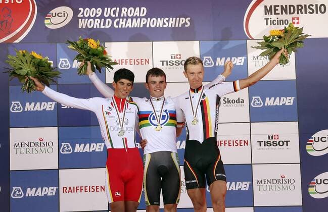 Einzelzeitfahren - Zeitfahren, U23, Weltmeister Jack Bobridge (Australien, Mitte), Zweitplatzierter Nelson Olivera (Portugal, li.) und Patrick Gretsch GER o0 U 23