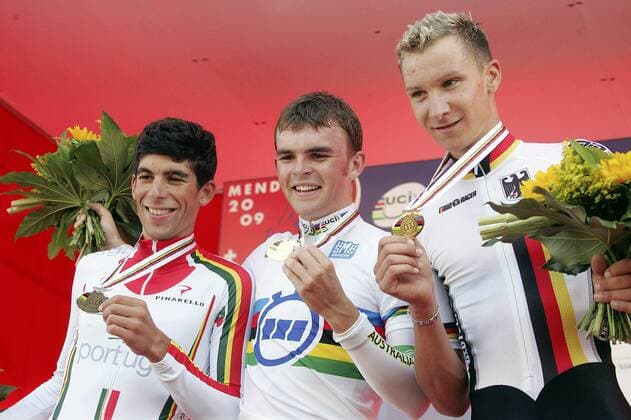 Einzelzeitfahren - Zeitfahren, U23, Weltmeister Jack Bobridge (Australien, Mitte), Zweitplatzierter Nelson Olivera (Portugal, li.) und Patrick Gretsch GER o0 U 23