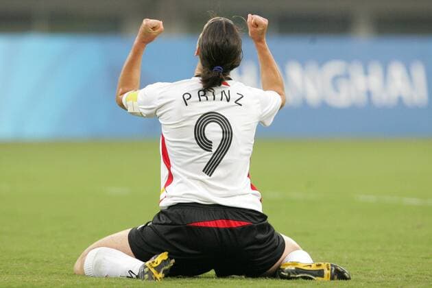 18 August 2008: Birgit Prinz (GER) celebrates her first half goal. The women s Olympic soccer team of Brazil defeated the women s Olympic soccer team of Germany 4-1 in a Semifinal match in the Women s Olympic Football competition. Icon20333 EDITORIAL USE ONLY