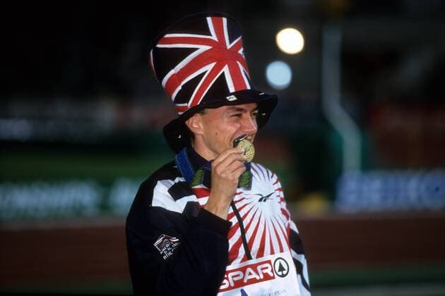 Jonathan Edwards (Großbritannien), Europameister im Dreisprung der EM 1998 in Budapest Leichtathletik EM Herren EM 1998, Einzelbild Budapest Freude, Komik,