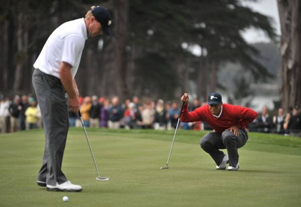 United States team member Steve Stricker (L) and Tiger Woods (USA, R) during the first round of The Presidents Cup  SFP20091008320 o0 Eldrick o00 The President s