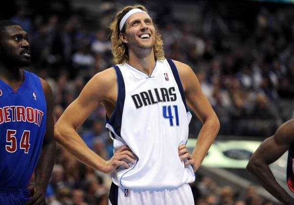 October 15 2009: Dallas Mavericks forward Dirk Nowitzki 41 laughs during a free throw during an NBA game between the Detroit Pistons and the Dallas Mavericks at the American Airlines Center in Dallas, TX Dallas defeated Detroit 113-88 Icon09101516 EDITORIAL USE ONLY