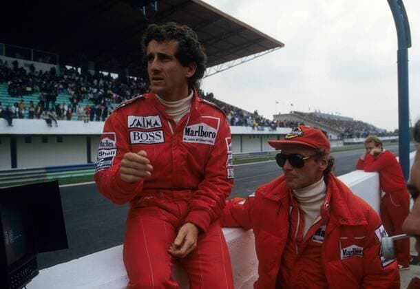 Alain Prost (Frankreich, li.) mit Niki Lauda (Österreich beide McLaren TAG Porsche) Motorsport Grand Prix Herren Großer Preis von xxx 1984, Formel 1 Weltmeisterschaft, F1, F, GP, WM Gruppe Aufnahmedatum geschätzt